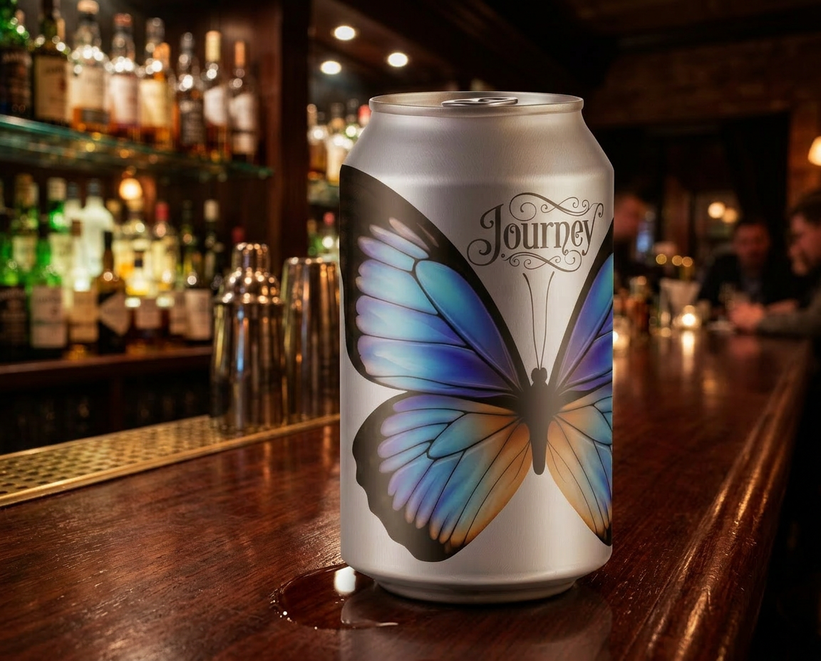 Journey beverage can in a bar scene
